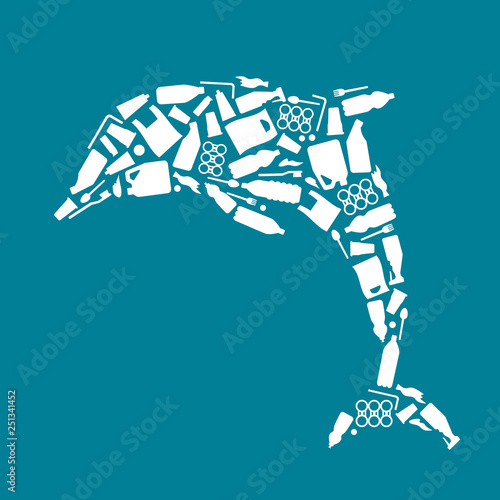 Ocean plastic pollution. Ecological poster Dolphin composed of white plastic waste bag, bottle on blue background. Plastic problem