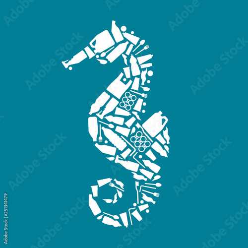 Problem ocean plastic pollution. Sea-horse composed of white plastic waste bag, bottle on blue background. Plastic problem.