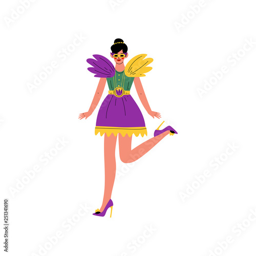 Beautiful Young Woman Wearing Bright Traditional Mardi Gras Costume and Mask, Girl Celebrating Carnival Party Vector Illustration