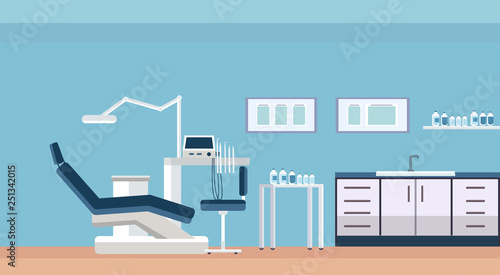 professional dentist chair and tools dental room or cabinet for tooth care modern clinic office interior flat horizontal