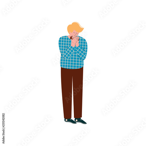 Young Man Playing Harmonica, Male Musician with French Harp or Mouth Organ Vector Illustration