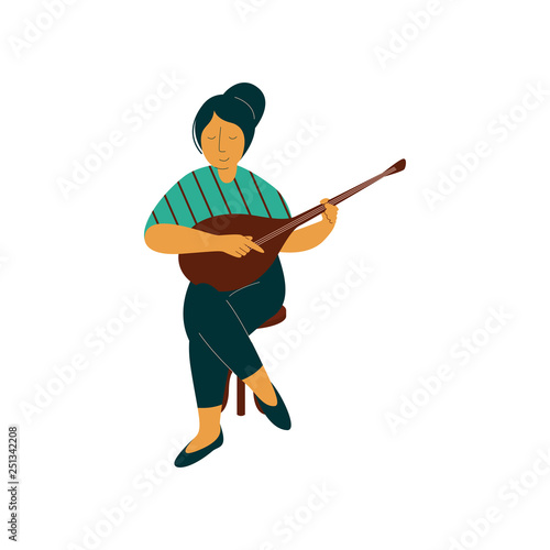 Female Musician Playing Domra Musical Instrument Vector Illustration