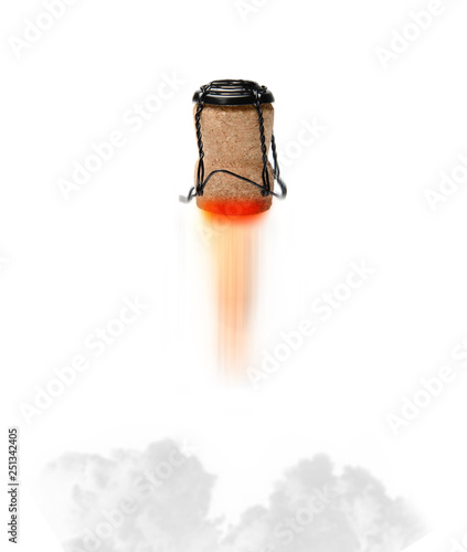 Schilderij op canvas Champagne cork flying like a rocket with a flame ripping out of a nozzle