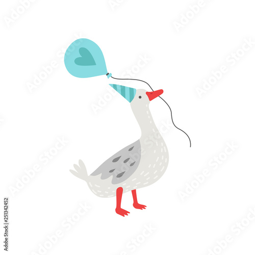  Cute White Goose Holding Balloon in Its Beak, Bird Cartoon Character Wearing Party Hat Vector Illustration 