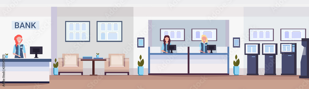 cashier women at cash desk financial consulting center with waiting room reception and atm modern bank office interior horizontal banner flat cashier women at cash desk financial consulting center with waiting room reception and atm modern bank office interior horizontal banner flat