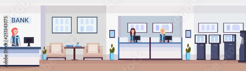 cashier women at cash desk financial consulting center with waiting room reception and atm modern bank office interior horizontal banner flat
