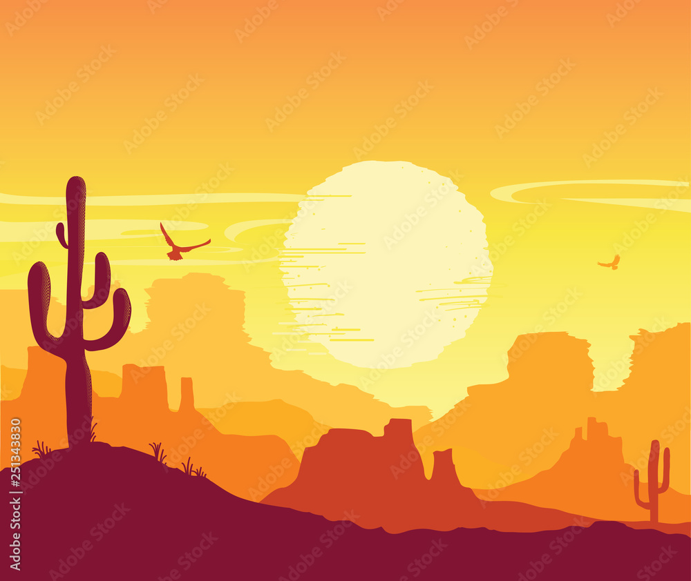 Wild West American desert. Vector Arizona prairie landscape with cowboy ...