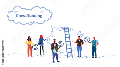businesspeople group investment money investor crowdfunding concept business people investing dollar coin piggy bank crowd funding sketch flow style horizontal