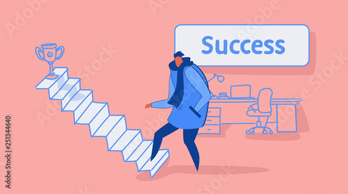 casual man climbing stairs career ladder up to golden winner trophy cup business man successful strategy leadership concept office interior sketch horizontal