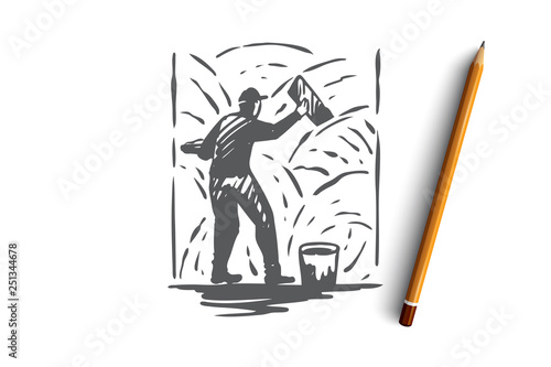 Grouting, cement, worker, wall, repair concept. Hand drawn isolated vector.