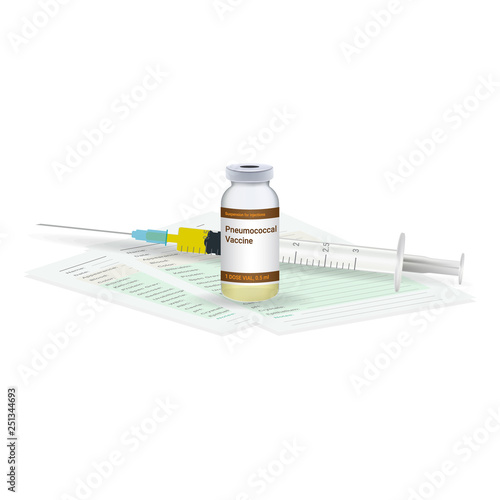 Immunization, Pneumococcal Vaccine Medical Test, Vial And Syringe Ready For Injection A Shot Of Vaccine Isolated On A White Background. Vector Illustration. Vaccination Healthcare Concept.