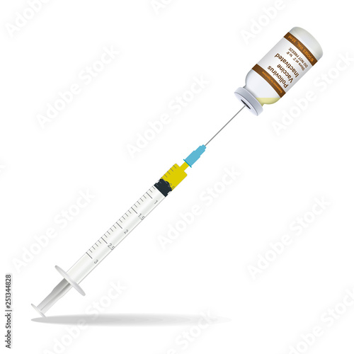 Immunization, Polio Vaccine Syringe Contain Some Injection And Injection Bottle Isolated On A White Background. Vector Illustration. Vaccination Healthcare Concept.