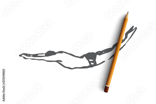 Man, jump, water, pool, dive concept. Hand drawn isolated vector.