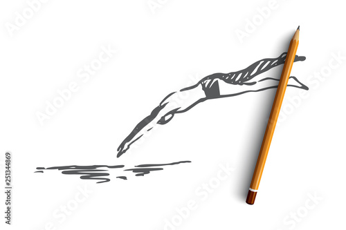 Man, jump, water, pool, dive concept. Hand drawn isolated vector.