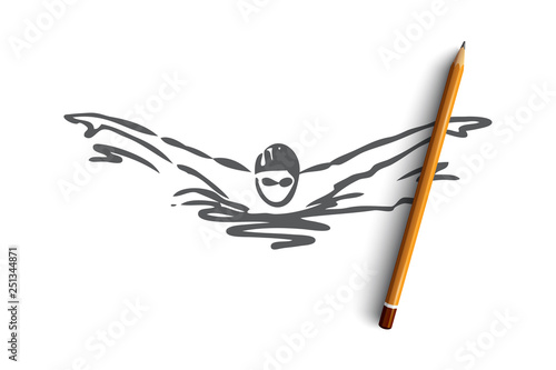 Swimming, butterfly, stroke, athlete, pool concept. Hand drawn isolated vector.