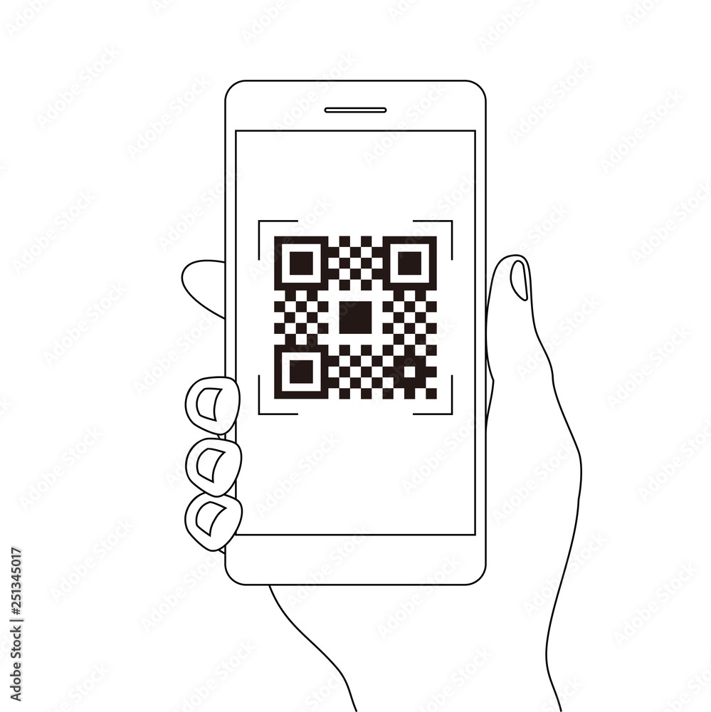 スマホ決済qrアプリのスマートフォンを持つ手線画イラスト素材 Stock Vektorgrafik Adobe Stock