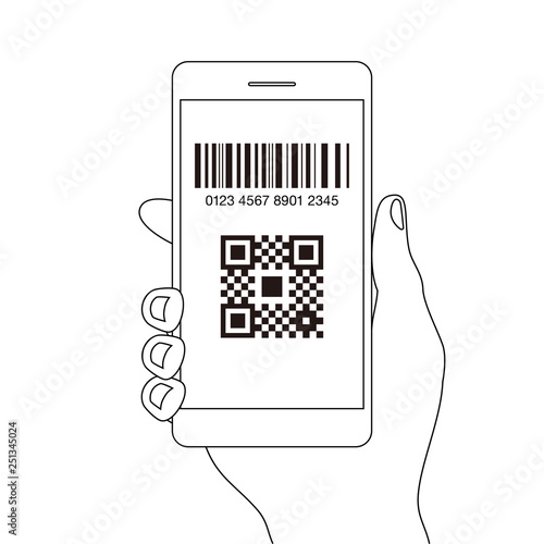 スマホ決済QRアプリのスマートフォンを持つ手線画イラスト素材