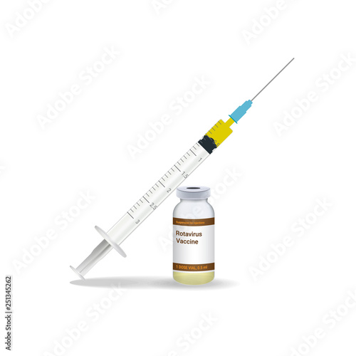 Immunization, Rotavirus Vaccine Syringe With Yellow Vaccine, Vial Of Medicine Isolated On A White Background. Vector Illustration. Vaccination Healthcare Concept.