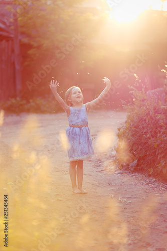 blond lovely girl 6 years old blowing on dandelions at sunset, evening sun © Евгения Янцева