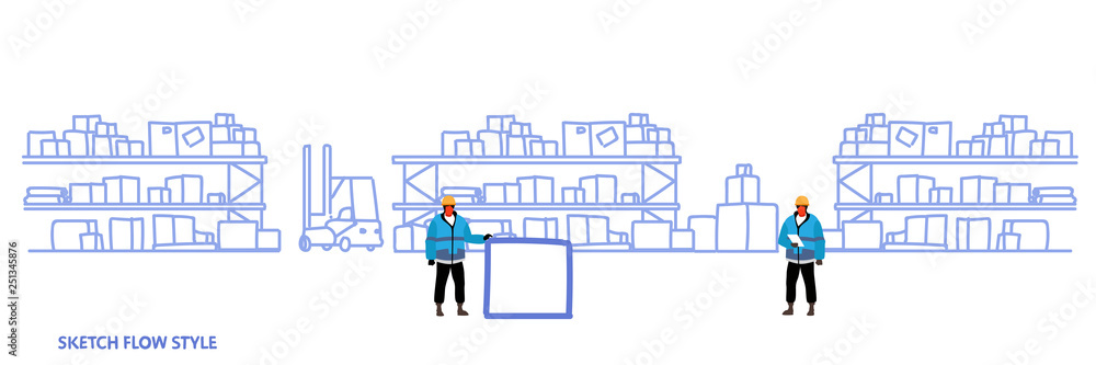 workers in uniform storage logistic delivery service concept shelves with cardboard boxes warehouse interior sketch flow style horizontal banner workers in uniform storage logistic delivery service concept shelves with cardboard boxes warehouse interior sketch flow style horizontal banner