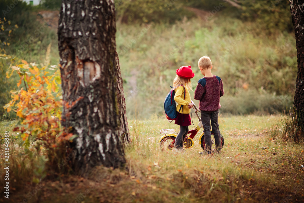 happy children babe 6 years old in red bloom and her brother, a boy of 7 years riding a bicycle in the park or in the woods in the golden autumn happy children babe 6 years old in red bloom and her brother, a boy of 7 years riding a bicycle in the park or in the woods in the golden autumn