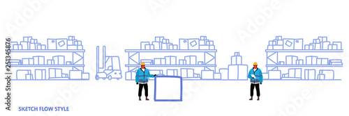 workers in uniform storage logistic delivery service concept shelves with cardboard boxes warehouse interior sketch flow style horizontal banner
