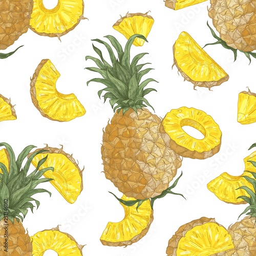 Decorative seamless pattern with whole and cut delicious juicy pineapples on ...