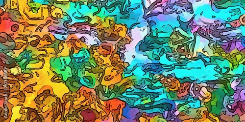 Fototapeta Naklejka Na Ścianę i Meble -  Visual modern pop art. Riot of colors on paper. Super bright background. Abstract surrealism. Expression of paint. Cartoon style backdrop. Handmade warm texture. Crazy vibrant wallpaper.