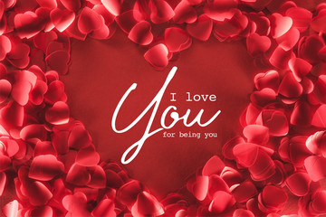 top view of beautiful heart shaped frame from decorative petals on red background with "I love you for being you" lettering, valentines day concept