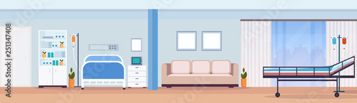 hospital room interior intensive therapy patient ward with medical tools nursing care bed empty no people modern clinic furniture horizontal banner