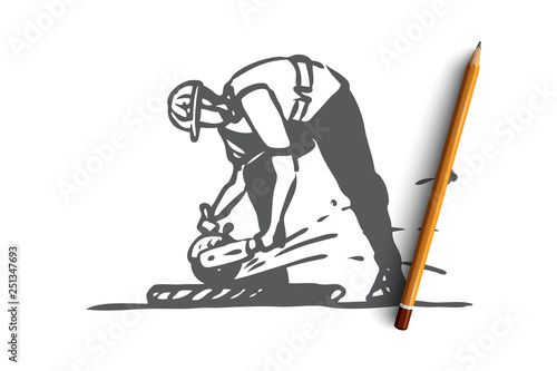 Cutting, tile, worker, repairing, construction concept. Hand drawn isolated vector.