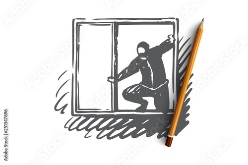 Burglary, window, robber, criminal, mask concept. Hand drawn isolated vector.
