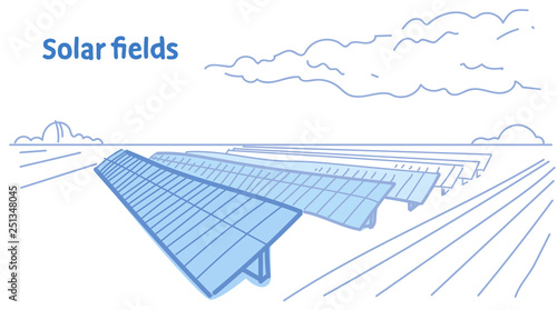 solar energy panel fields renewable station alternative electricity source concept photovoltaic district sketch flow style horizontal