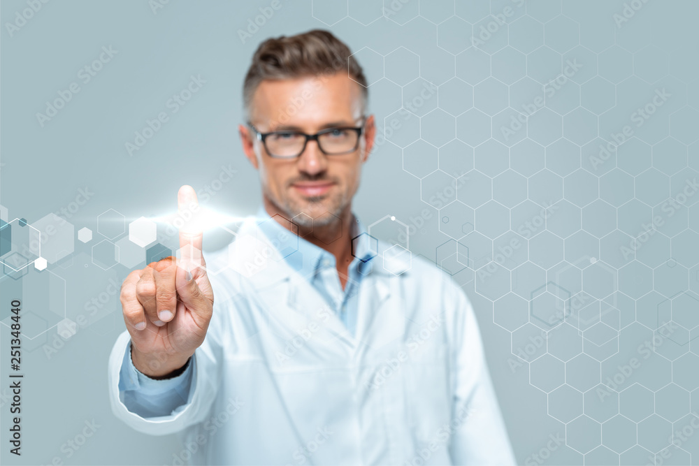 selective focus of handsome scientist touching interface in air isolated on white, artificial intelligence concept selective focus of handsome scientist touching interface in air isolated on white, artificial intelligence concept