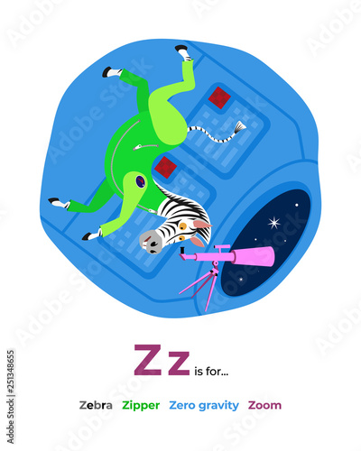 English alphabet Colored cartoon with letter Z for children, with pictures to these letter with zebra, zipper, zero gravity, zoom - Vector