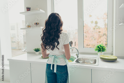 Fotografie Rear back behind view portrait of her she nice charming attractive beautiful wav