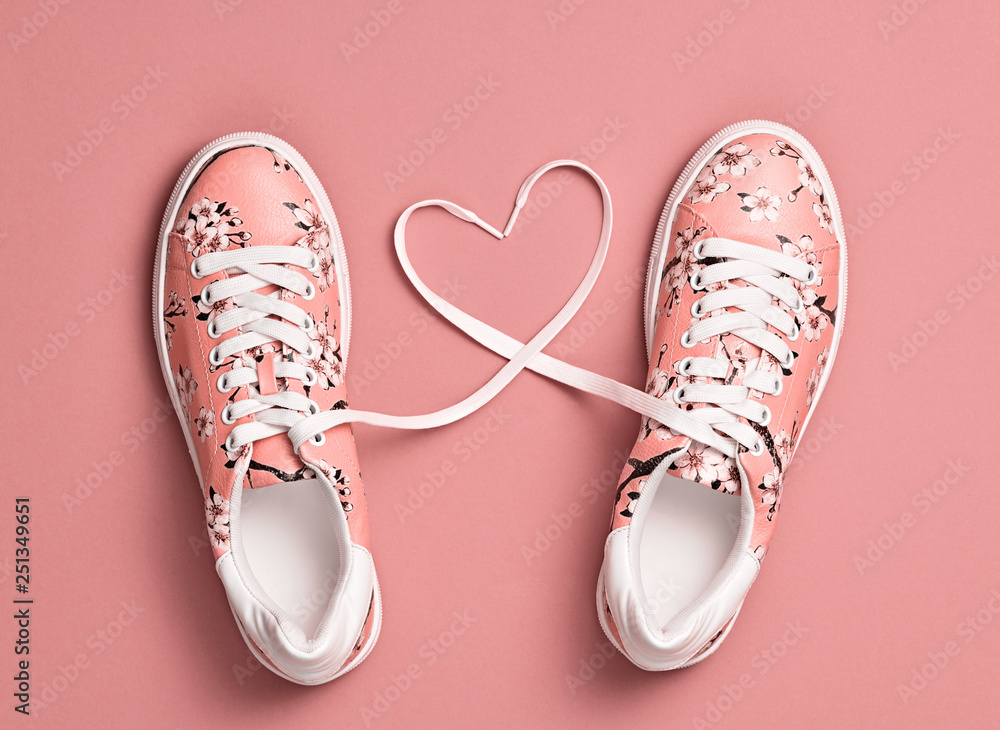 Coral colored Love, Hipster Set. Fashion Trendy Trainers with Heart.  Vanilla color. Minimal Style. Summer Floral coral Sneakers. Flat lay. Art  Design. Valentines day Stock Photo | Adobe Stock