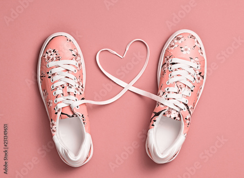 Coral colored Love, Hipster Set. Fashion Trendy Trainers with Heart. Vanilla color. Minimal Style. Summer Floral coral Sneakers. Flat lay. Art Design. Valentines day