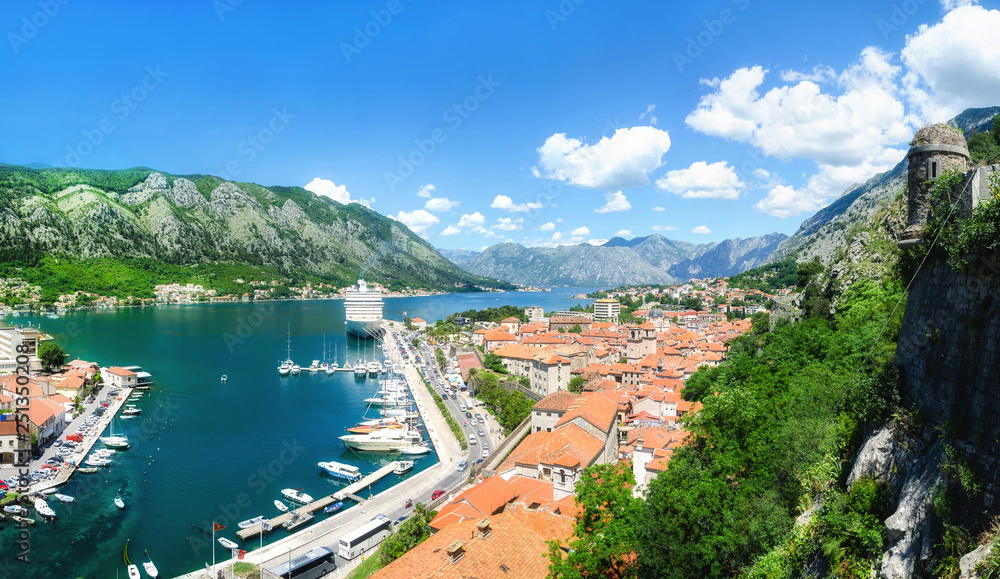 Panoramic view of Kotor bay and old town from the mountains