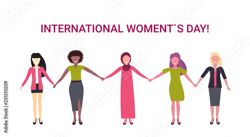 mix race women group holding hands international happy 8 march day holiday celebration concept female characters full length horizontal greeting card