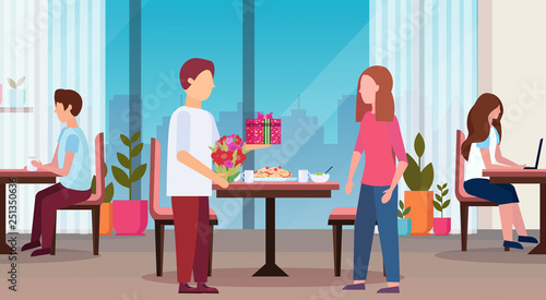 man giving present gift box surprise for woman happy 8 march womens day concept husband making surprise to wife modern restaurant interior full length flat horizontal