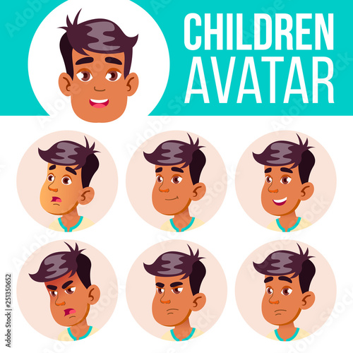 Arab, Muslim Boy Avatar Set Kid Vector. High School. Face Emotions. User, Character. Fun, Cheerful. Cartoon Head Illustration