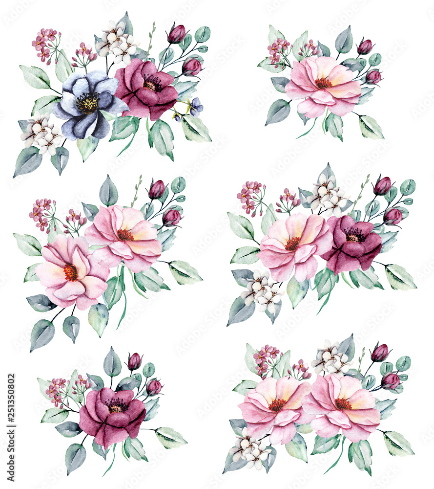 Floral set, watercolor  flowers bouquets . Pink peonies and burgundy roses hand drawing. Isolated on white. Perfectly for web design, holiday decoration and print on greeting card, wedding invitation.