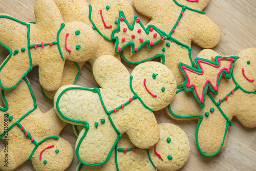 Gingerbread and christmas cookies. Set of seasonal christmas gingerbread biscuits in the form of man and christmas fir tree