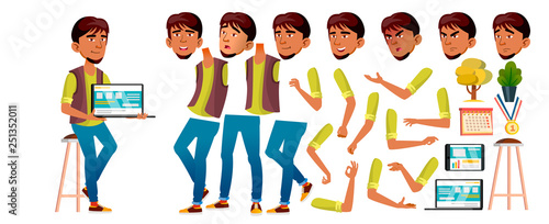 Arab, Muslim Boy Kid Vector. High School Child. Programmer. Animation Creation Set. Face Emotions, Gestures. Schoolchild. Funny, Friendship, Happiness Enjoyment. Cover Design. Animated. Illustration