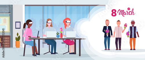 businesswomen wearing digital glasses virtual reality mix race businessmen with flowers headset vision international 8 march holiday concept office