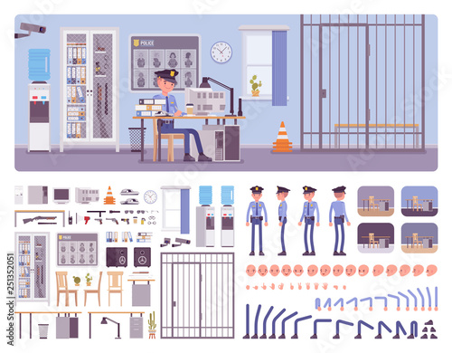 Police station office interior creation kit with policeman, officer at workspace full set to build your own design, staff working area constructor elements. Cartoon flat style infographic illustration