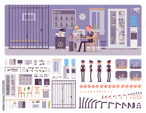Police station office interior creation kit with policewoman, officer at workspace, full set to build own design, staff working area constructor elements. Cartoon flat style infographic illustration