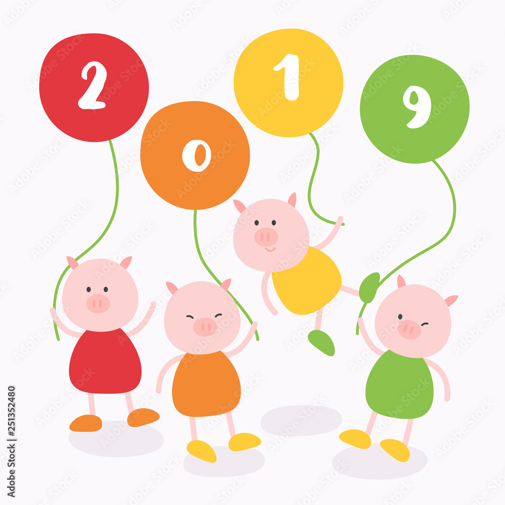 Fototapeta premium Pig’s Year Illustration, Pink Piggy with Balloons, 2019 New Year Celebration, Pig Vector, Vector Sale Cards, Chinese Pig’s Year Character Design