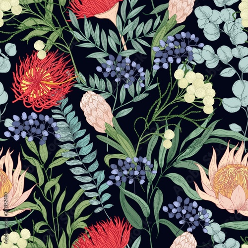 Floral seamless pattern with blooming flowers on black background. Romantic backdrop with gorgeous flowering plants. Realistic hand drawn vector illustration in elegant antique style for fabric print.